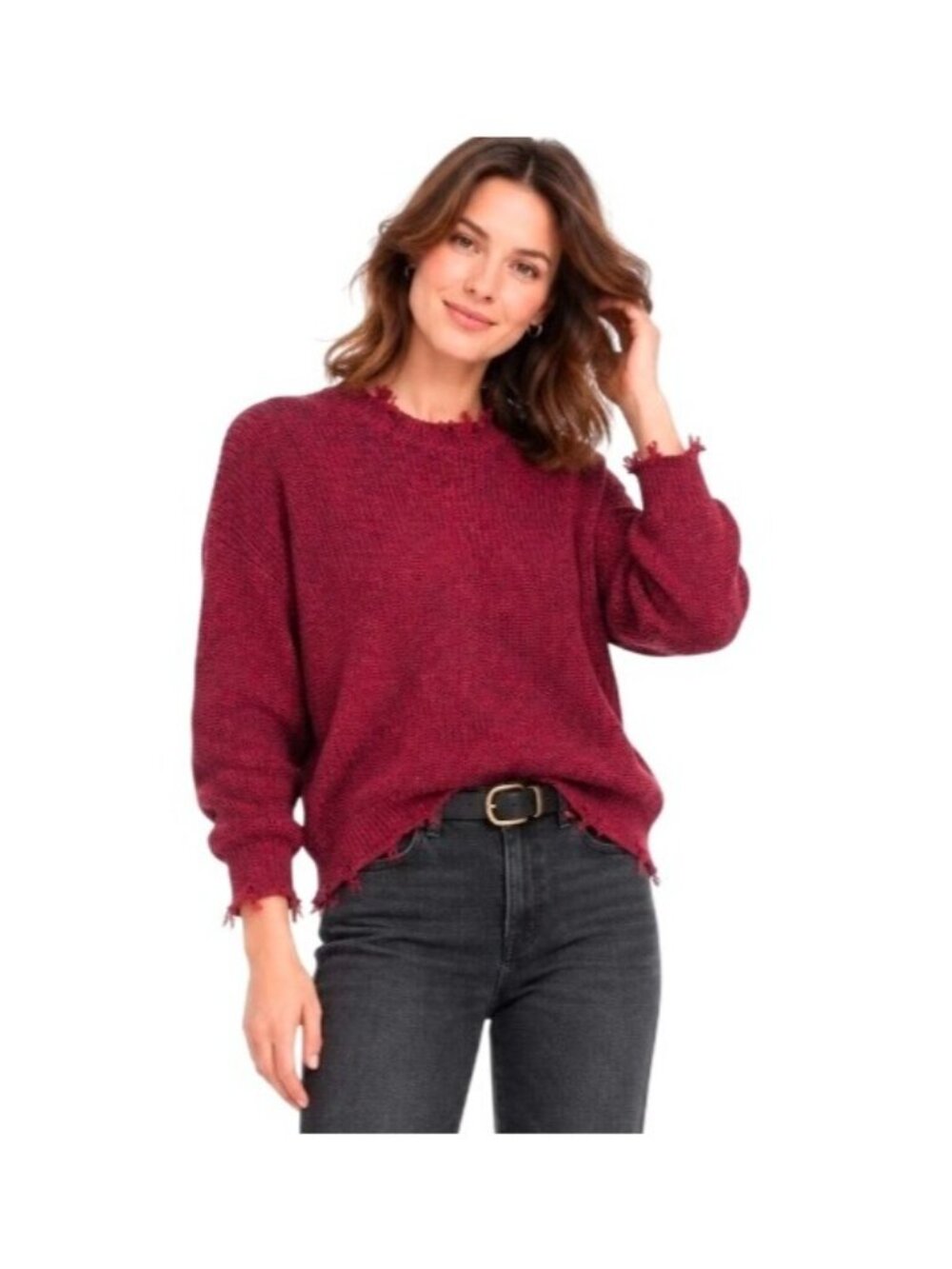 Pistola Sweater Women's Size Medium Cherry Red Ripped Edges Crewneck Knit